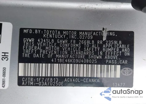 2009 Toyota Camry Le из США, поврежденный, VIN 4T1BE46K09U408025